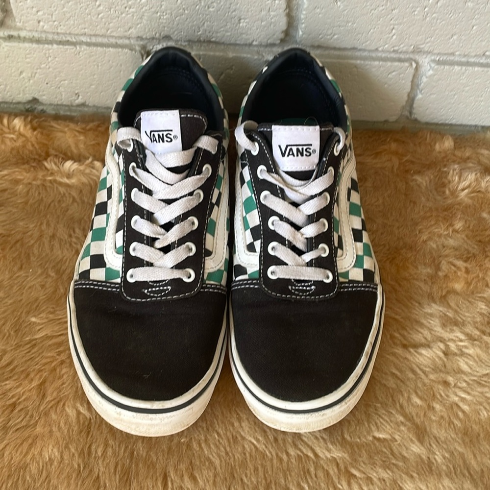 Vans Youth Size 6 Checkerboard Pattern Lace Up Sneakers - Black, White, Green